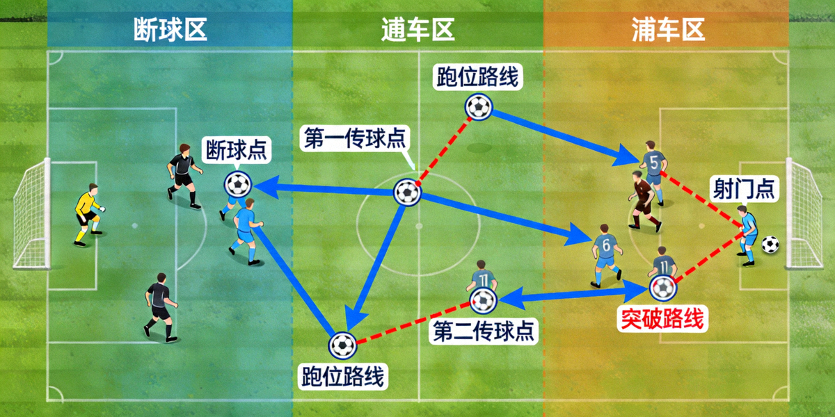 B队典型反击路线图：展示从断球到射门的传球网络与跑位