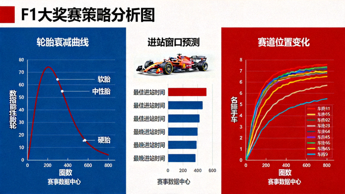F1大奖赛策略图：展示轮胎衰减曲线、进站窗口预测与赛道位置变化