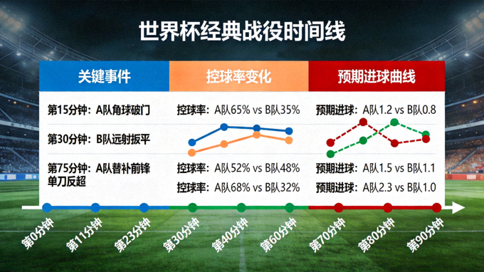 世界杯经典战役时间线分析图：展示关键事件、控球率变化与预期进球曲线