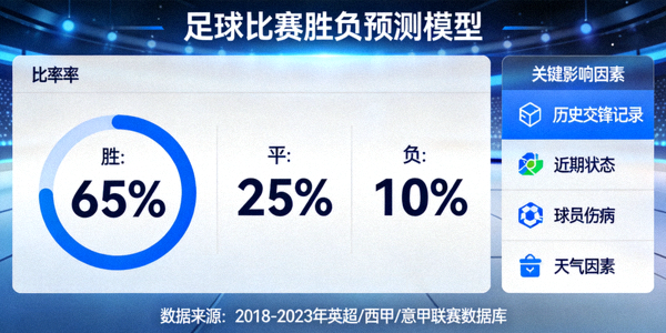 基于大数据的足球比赛胜负预测模型界面，展示概率与关键影响因素