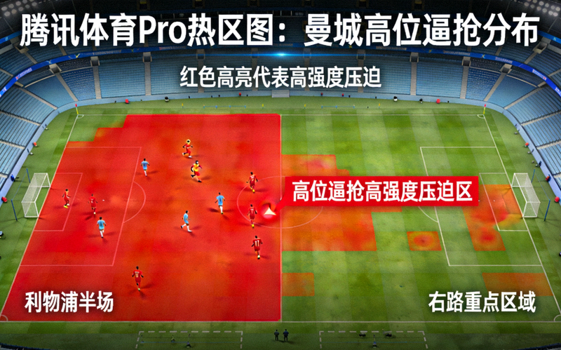 腾讯体育Pro热区图显示曼城高位逼抢主要集中在利物浦半场，尤其是右路区域，红色高亮区域代表高强度压迫