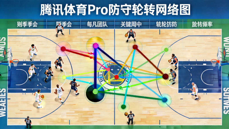 腾讯体育Pro防守轮转网络图，展示季后赛中一支球队在关键回合中的协防路径与轮转频率，节点大小代表球员参与度