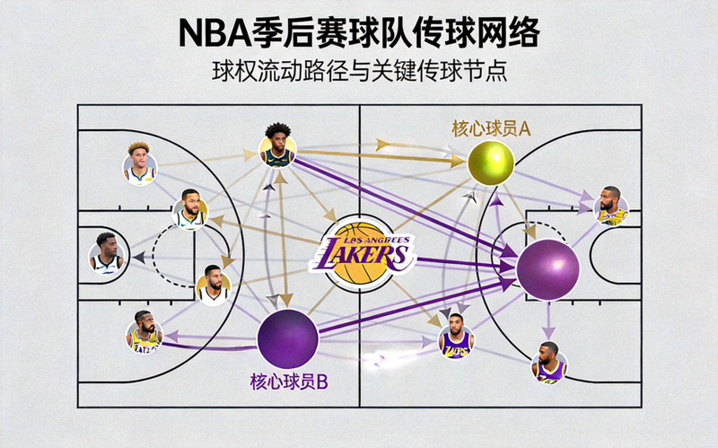 NBA季后赛球队传球网络可视化图 - 展示球权流动路径与关键传球节点