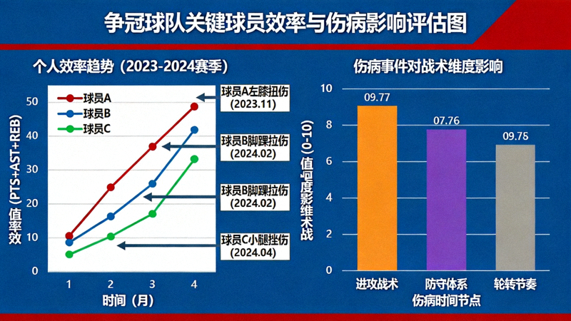 争冠球队关键球员个人效率数据趋势折线图，并叠加伤病事件对球队相关战术维度的影响评估