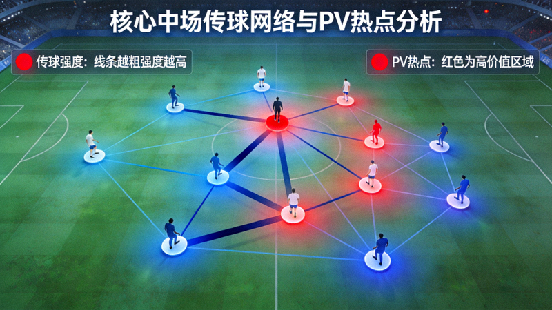 争冠球队核心中场球员传球网络可视化图，展示传球连接强度与向前推进价值(PV)热点