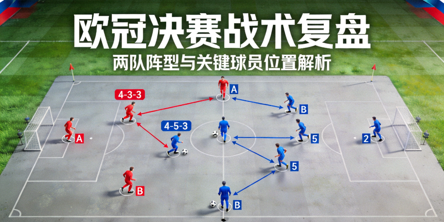 欧冠决赛战术复盘封面图：球场宏观视角，展示两队阵型与关键球员位置